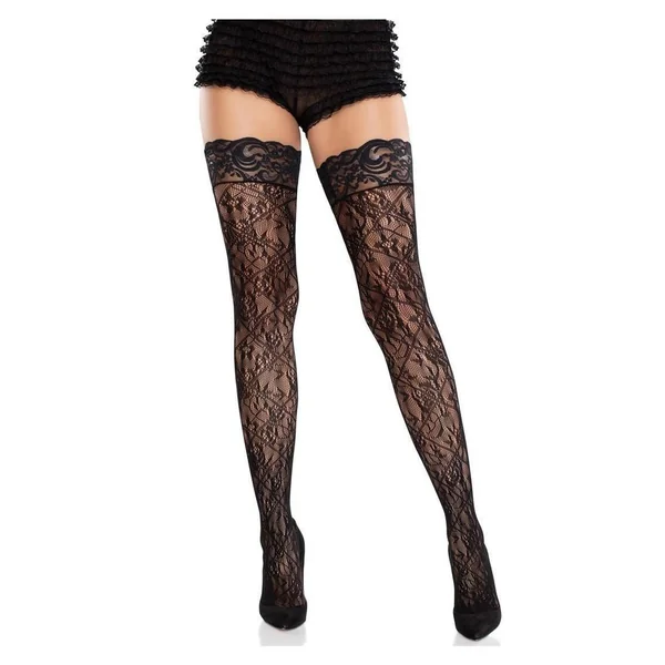 Leg Avenue Stay-Up Lace Top Cross Hatch Floral Lace Thigh Highs - Black - O/S012282018024012282018024