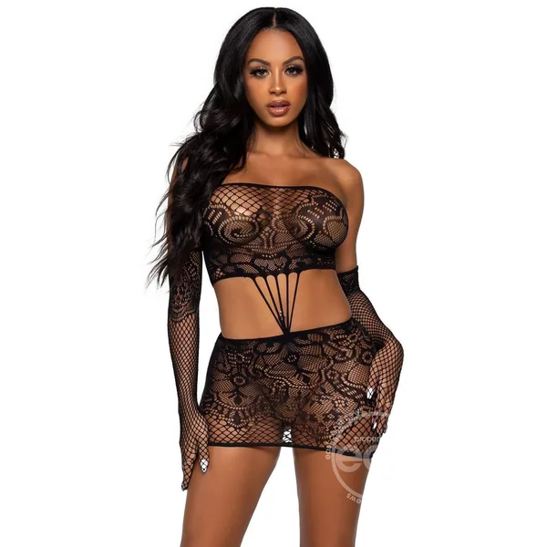 Leg Avenue Strappy Lace Tube Dress and Matching Gloves (2 pieces) - O/S - Black