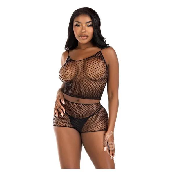 Leg Avenue Twist Net Tank Top and Boy Shorts (2 Piece) - O/S - Black