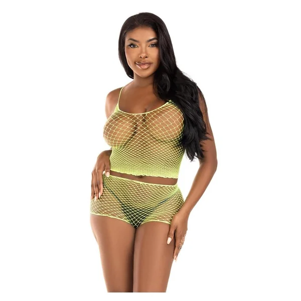 Leg Avenue Twist Net Tank Top and Boy Shorts (2 Piece) - O/S - Lime