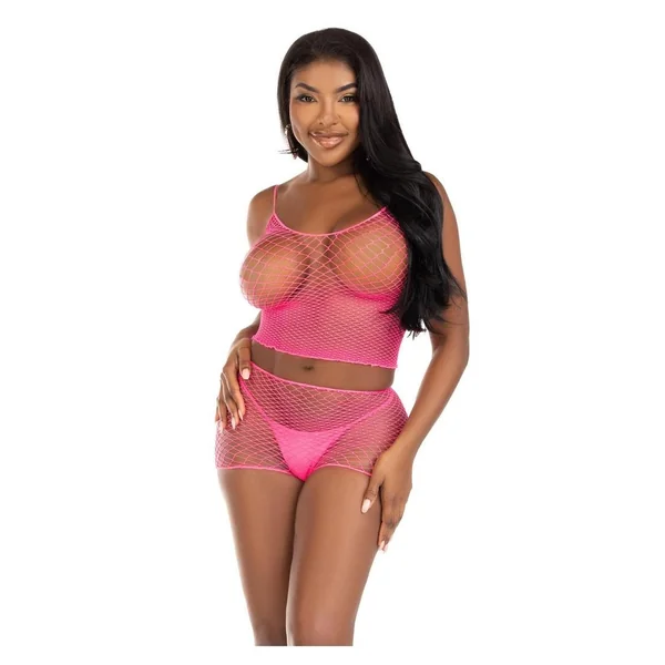 Leg Avenue Twist Net Tank Top and Boy Shorts (2 Piece) - O/S - Neon Pink