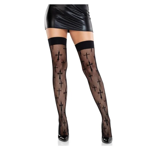 Leg Avenue Worship Me Cross Net Thigh Highs - Black - O/S
