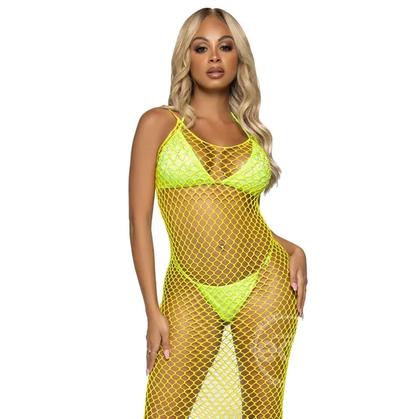 Leg Avenue Woven Twist Net Backless Maxi Dress - O/S - Lemon