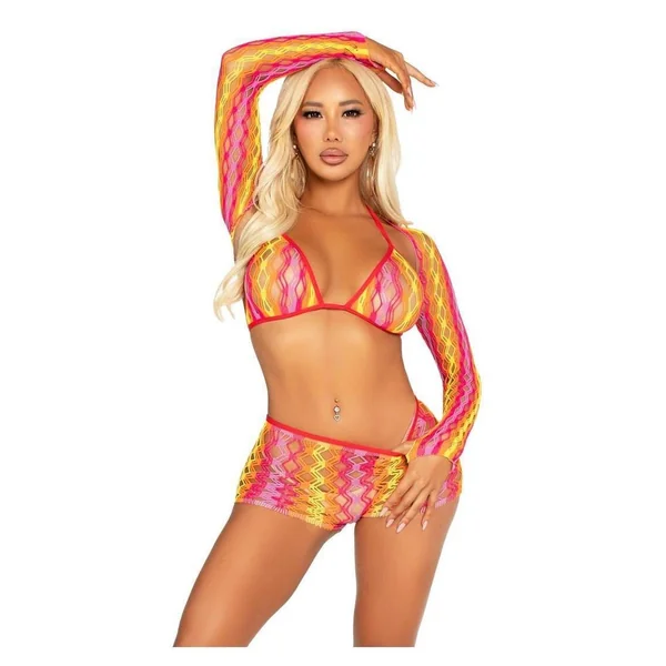 Leg Avenue Zig Zag Net Bikini Top, Boyshorts, and Shrug - Multicolor - O/S