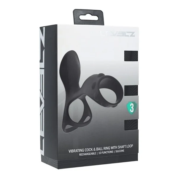 Levelz Vibrating Silicone Rechargeable Cock & Ball Ring with Shaft Loop - Black