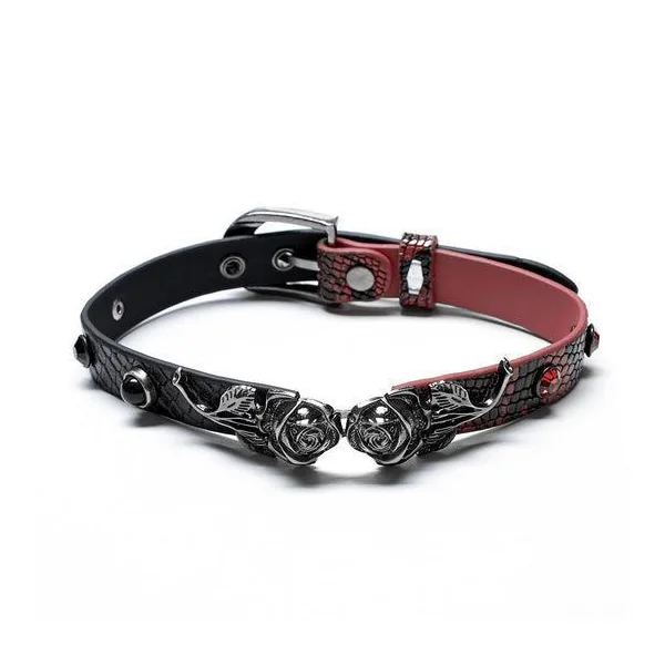 LIZARD PRINT GOTHIC ROSE COLLAR IN BLACK & RED COLOR