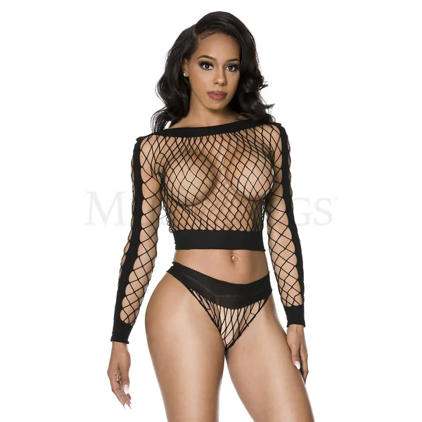 Long sleeve diamond net top with opaque panels and matching panty