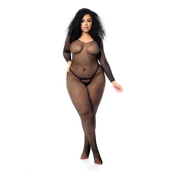 Long Sleeved All Over Fishnet Body Stocking Black QN
