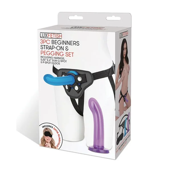 Lux Fetish 3 pc Beginners Strap On & Pegging Set - Multi Color