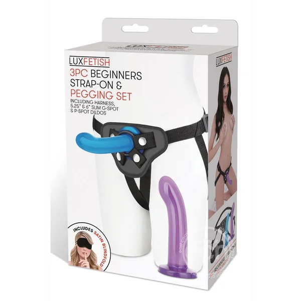Lux Fetish Beginners Strap-on & Pegging Set 3 Piece - Blue/Purple
