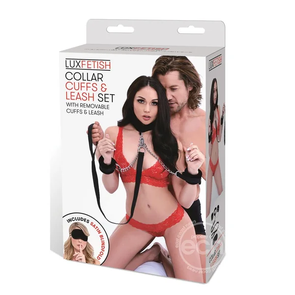 Lux Fetish Collar, Cuffs & Leash Set with Removable Cuffs & Leash - Black