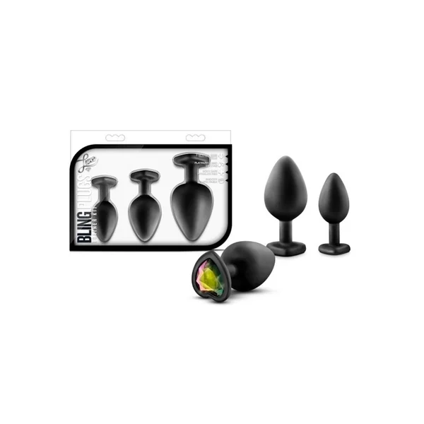 Luxe Bling Butt Plugs Silicone Training Kit with Rainbow Gems (3 size kit) - Black