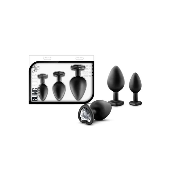 Luxe Bling Butt Plugs Silicone Training Kit with White Gems (3 size kit) - Black
