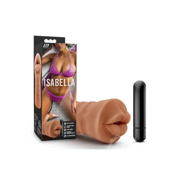 M for Men Isabella Vibrating Masturbator with Bullet - Mouth - Caramel
