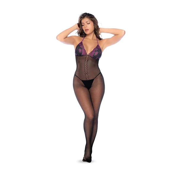 MAPALE BLACK/PURPLE FISHNET AND LACE BODYSTOCKING SET
