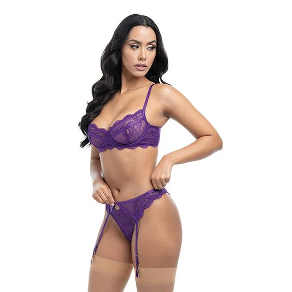 Margo Lace & Mesh Underwire Bra w/Gartered Panty 2 pc Set - Imperial Purple L/XL