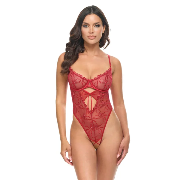 Mariah Embroidered Mesh Underwire Teddy - Burgundy LG