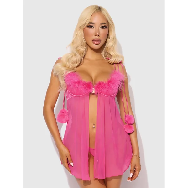 Marilyn Marabou & Mesh Babydoll & G-String Set - Pink LG