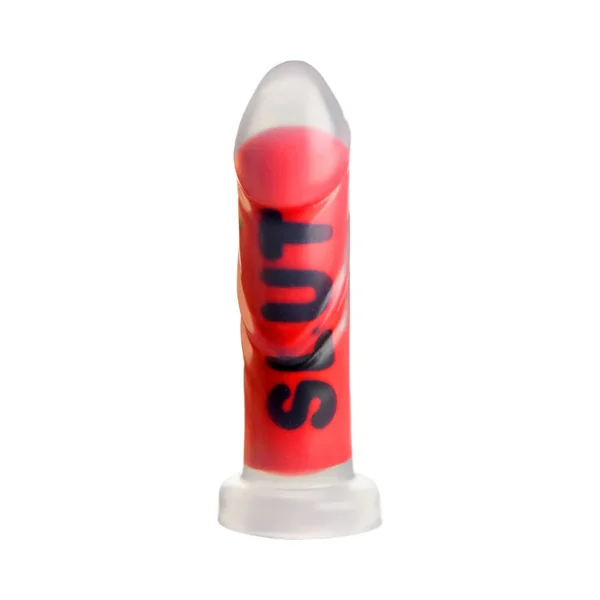 Master Series SLUT Print Silicone Girthy Harnessable Dildo With Suction Cup