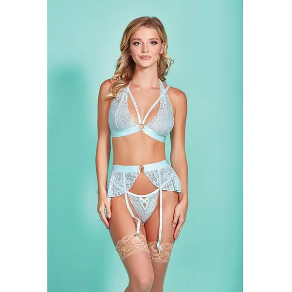 Mercedes Cross Dyed Galloon Lace Strappy Halter Bra, Garter Skirt & G-String Light Blue MD