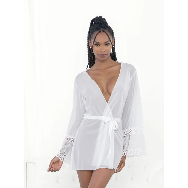 Mesh and Lace Robe with Ribbon Belt