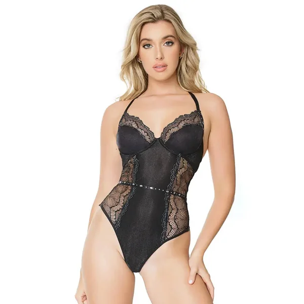 Metallic Semi-Sheer Knit/Metallic Scallop Stretch Lace Teddy