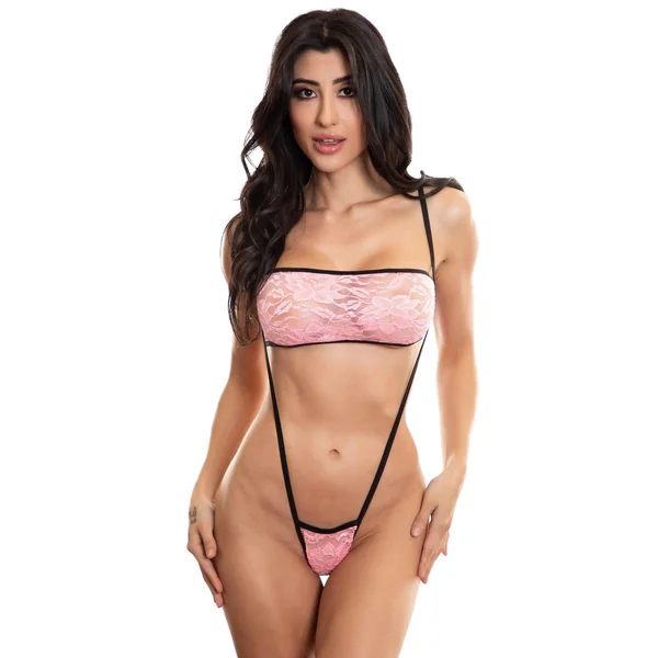 Midnight Ballerina Pink Lace Suspender Bikini Set