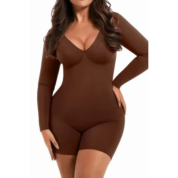 Mocha Deep V-Neck Shapewear With Slimming Compression and Mid Thigh Shorts