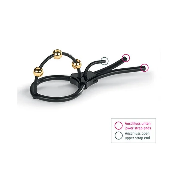 Mystim Pearly Pete Corona Strap w/Gold Balls - Black