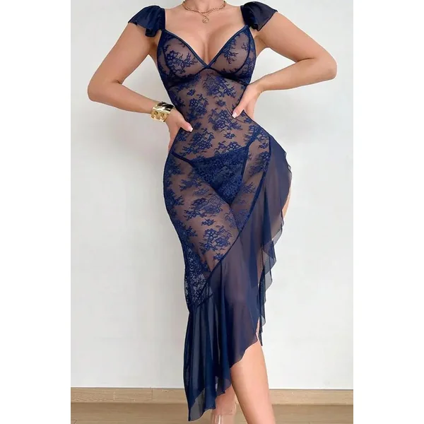 Navy Lace and Sheer Mesh Lingerie Dress