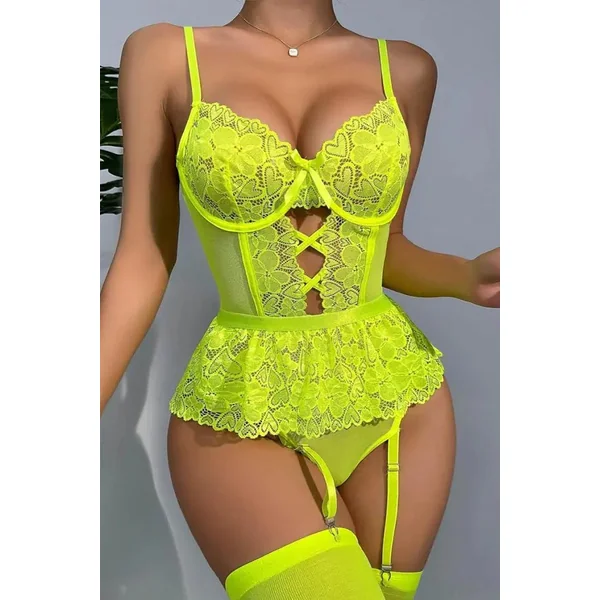 Neon Green Heart Lace and Mesh Cutout Teddy
