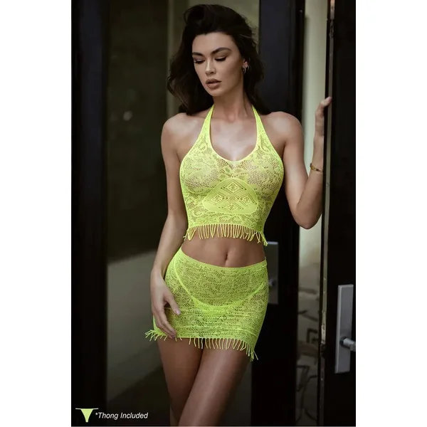 Neon Yellow Eyelash Lace Two-Piece Camisole With Thong