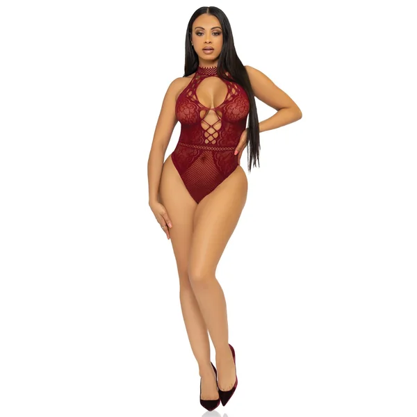 Net and Lace Keyhole Halter Bodysuit