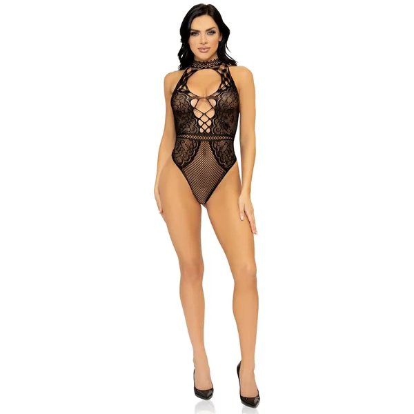 Net and Lace Keyhole Halter Bodysuit