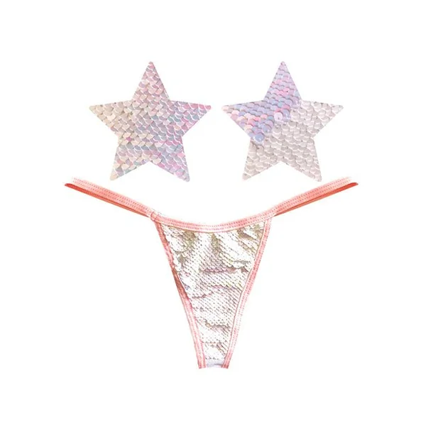 Neva Nude Naughty Knix Princess Bride Flip Sequin G-string & Pasties - Pink/white O/s
