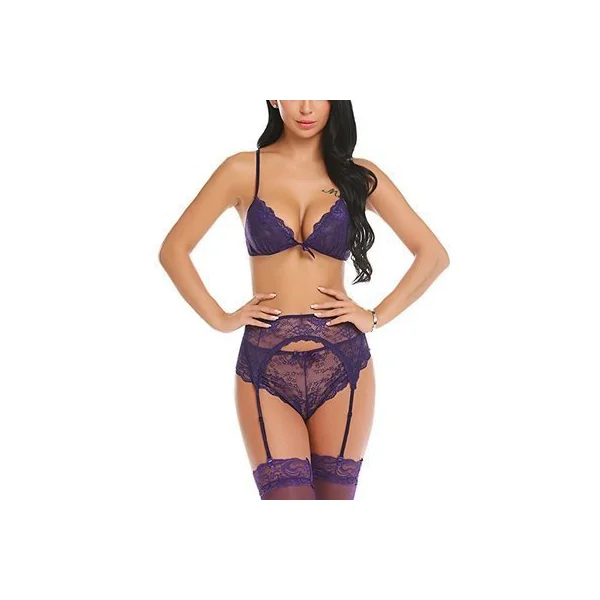 New European And American Women’s Sexy Multicolor Lace Garter Three-piece Suit Sexy Lingerie