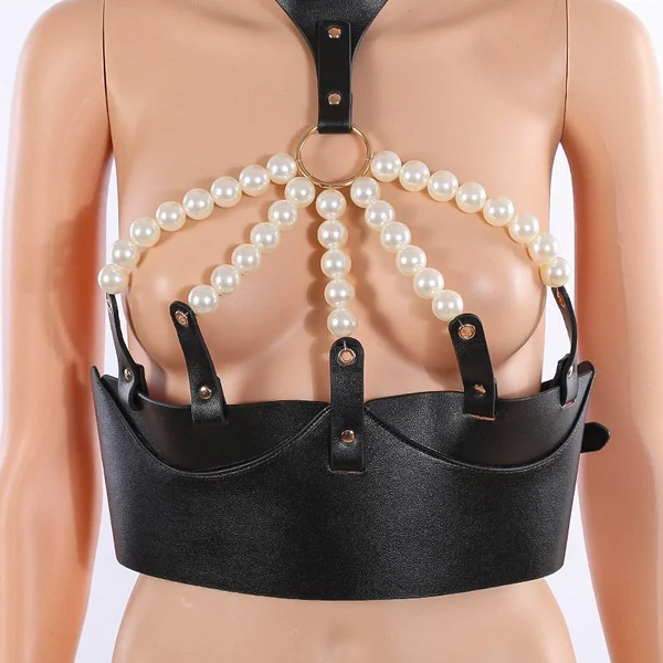 Nightclub Performance Props Leather Pearl Bra Bondage Top