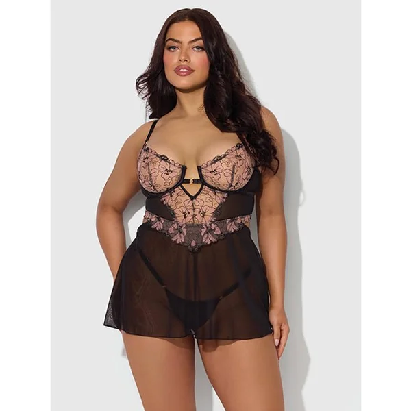 Nova Lace & Mesh Babydoll w/G-String 2 pc Set - Black 3X/4X