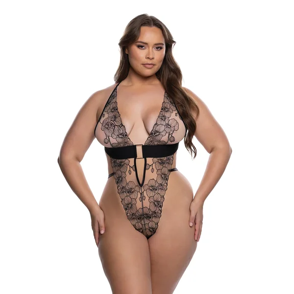 Orchid Blossom Embroidered Teddy - Black/Nude 2X