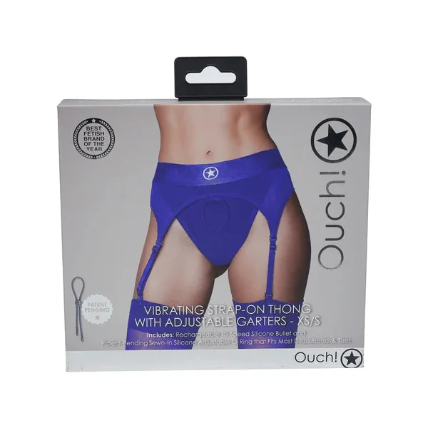 Ouch! Vibrating Strap-on Thong with Adjustable Garters Royal Blue XS/S