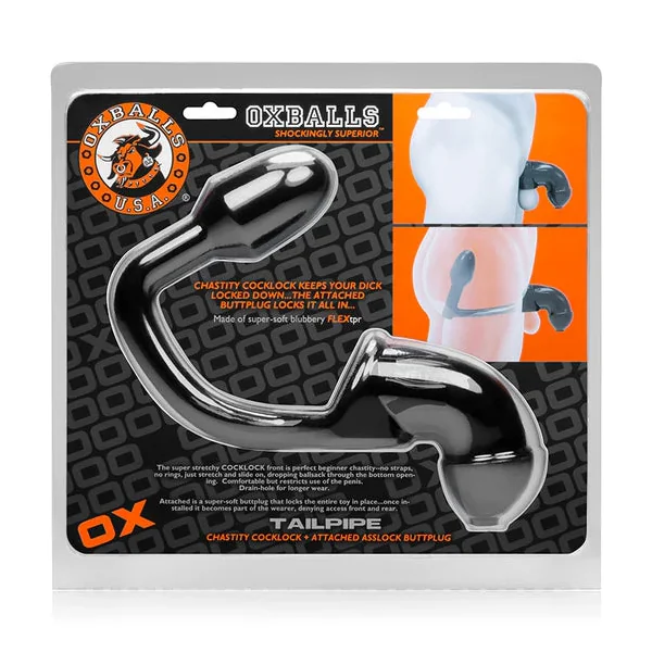 OxBalls Tailpipe, Chastity Cock-Lock And Attacehd Buttplug, Black