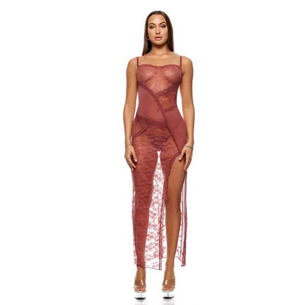 Patch Of Petals Sheer Mesh and Lace Gown w/Thong 2 pc Set - Mauve SM