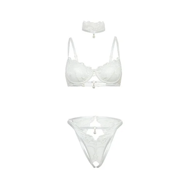 Pearla Lace Underwire Bra & Open Back Panty w/Matching Collar 3 pc Set - White L/XL