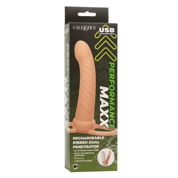 Performance Maxx Rechargeable Silicone Ribbed Dual Penetrator Extender - Vanilla