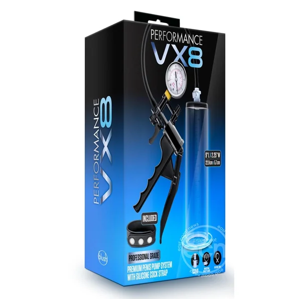 Performance VX8 Premium Penis Pump System with Silicone Cock Strap 9in - Clear