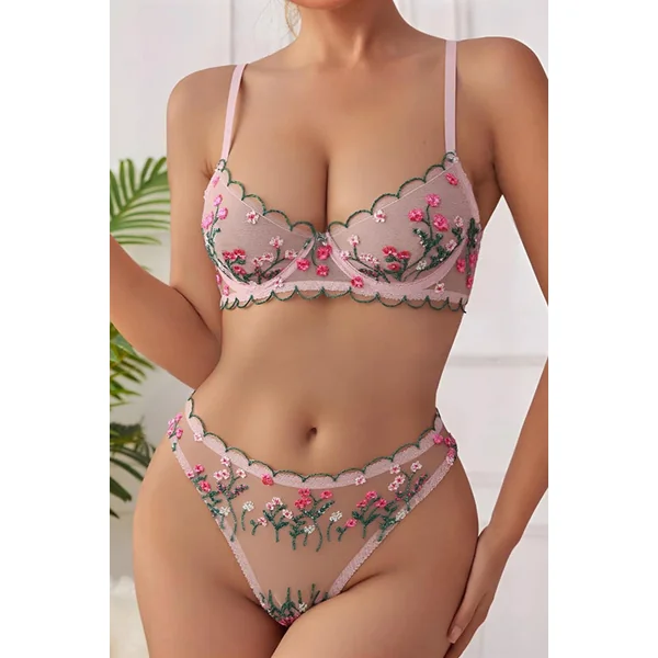 Pink Embroidered Lingerie Bra Set
