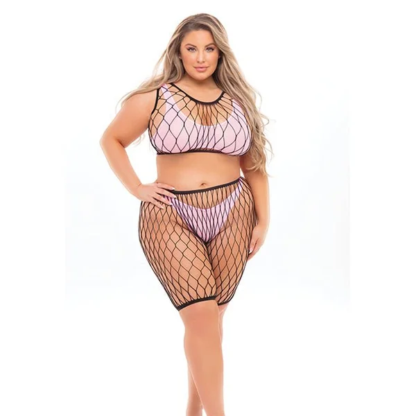 Pink Lipstick Brace For Impact Large Fishnet Top, Shorts, Bra & Thong (fits Up To 3x) Pink Qn