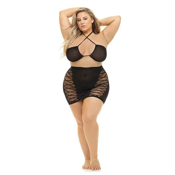 Pink Lipstick Hold On Tight Halter Bra & Skirt Black QN