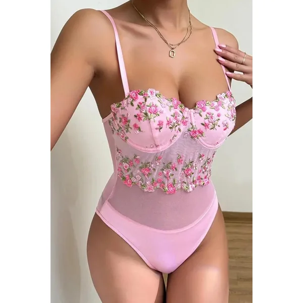 Pink Mesh Teddy with Mesh Floral Embroidery Bustier Top