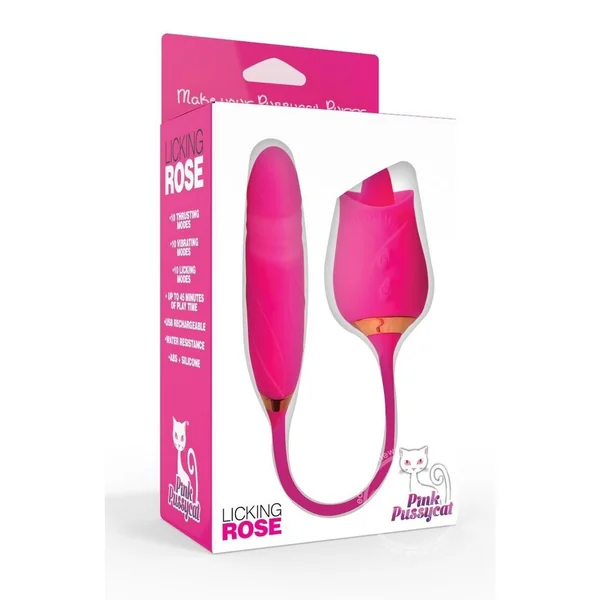 Pink Pussycat Vibrating Licking Rechargeable Silicone Rose with Remote - Pink
